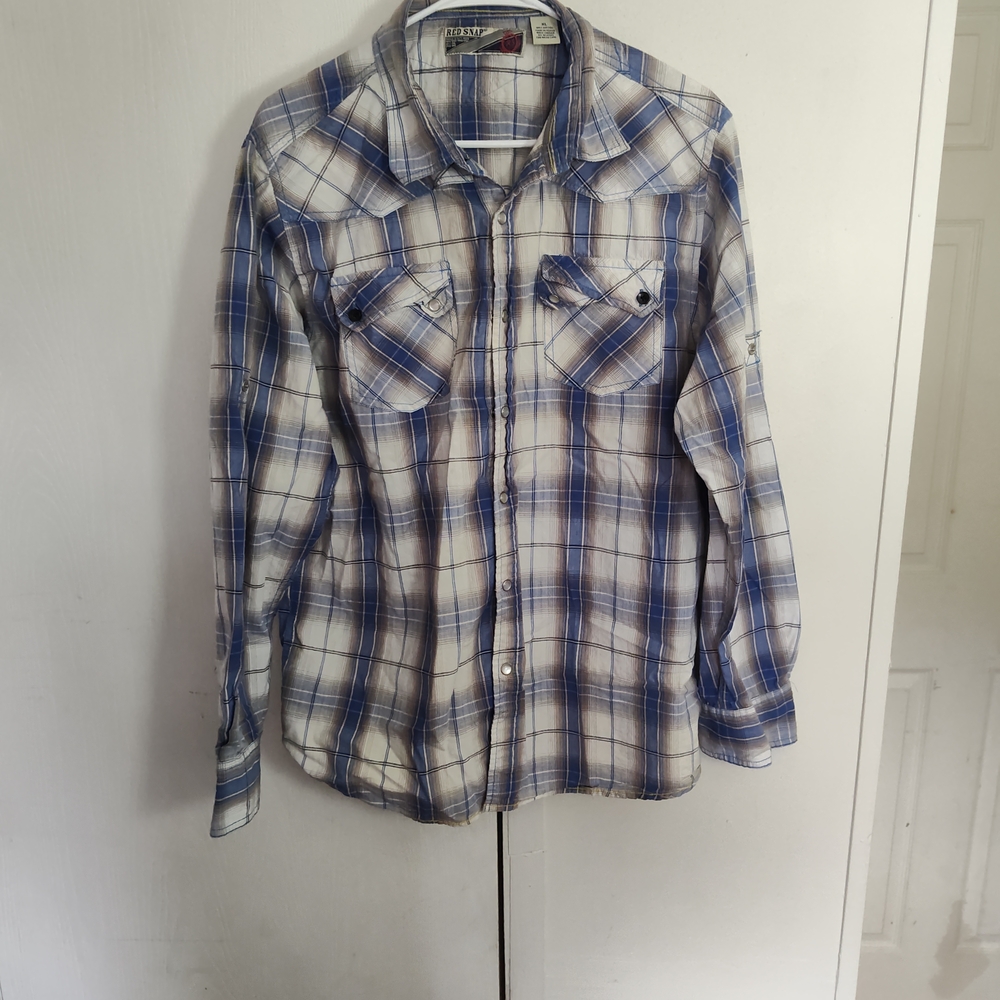 Men's Plaid Button-Down Shirt in Blue and White